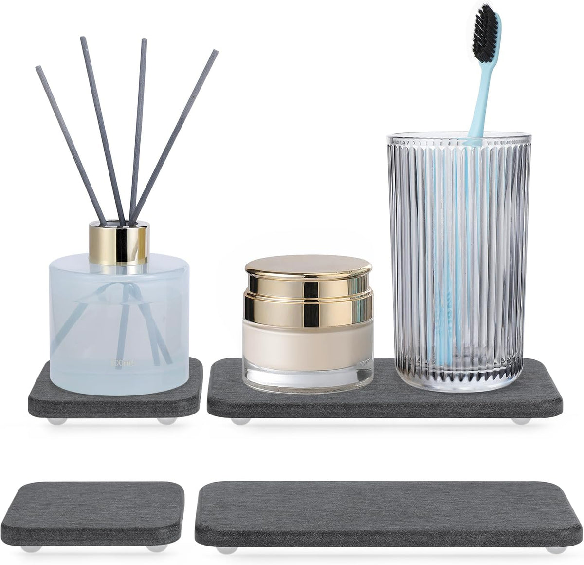 Water Absorbing Stone Tray for Sink | Quick Drying Diatomaceous Earth Coasters | Soap Dish Holder & Toothbrush Holder for Bathroom Counter | Hand Soap & Plant & Toiletries | Dark Grey 4-Pack