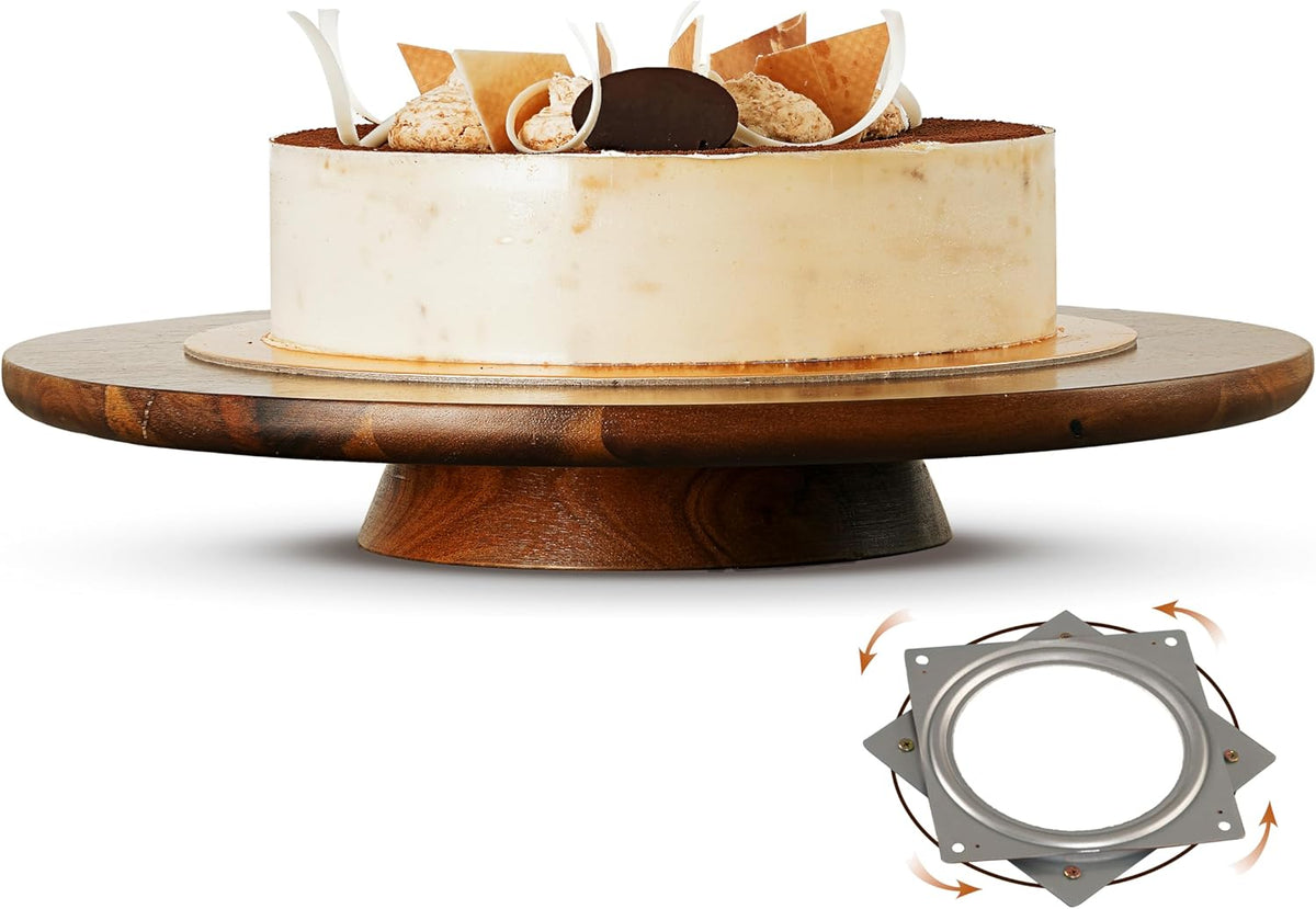 13" Acacia Cake Stand Rotating – Rustic Wood Turntable Pedestal Stands – Wooden Spinning Tables for Food Serving - Round Cake Decorating for Cupcake Dessert Display in Party, Wedding, Birthday