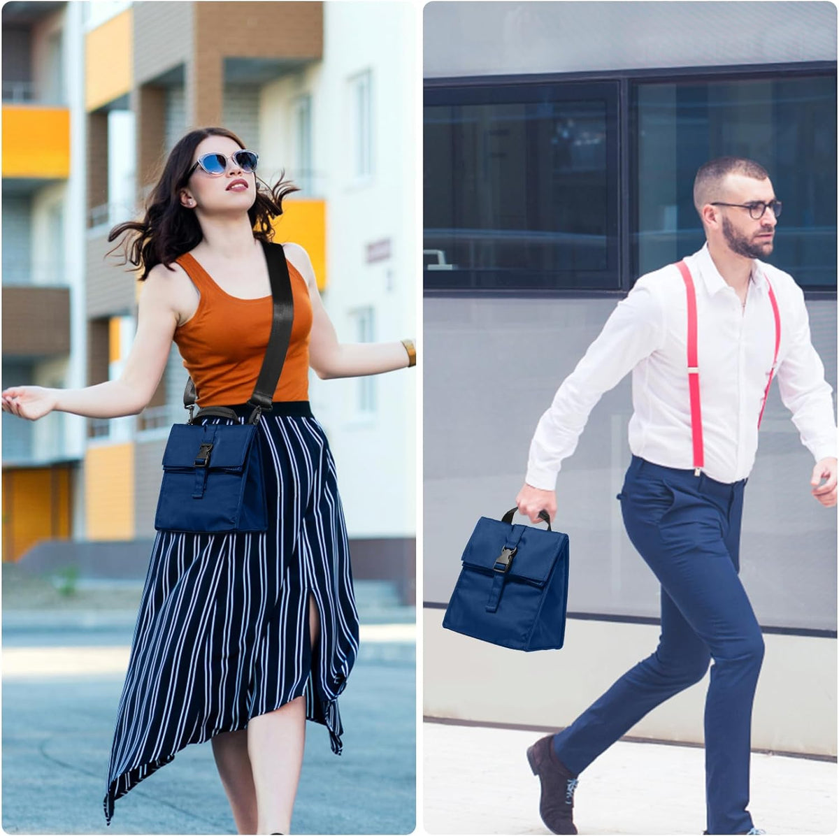 Insulated Foldable Lunch Bag- Lightweight Portable with Adjustable Shoulder Strap Lunch Box for Men, Women, Office, Work, Picnic, Hiking and Beach (Navy Blue(Soft Fabric))