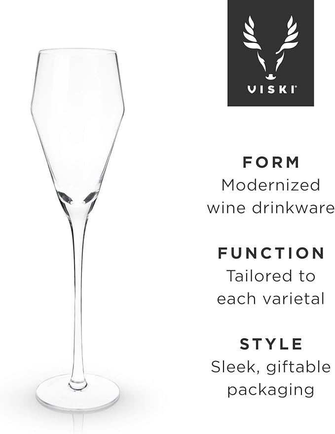 Viski Angled Prosecco Sparkling Wine Glasses, Crystal Clear Long Stemmed Champagne Glasses Gift Set, Sleek Glassware for Wedding Gifts, Housewarming, Dinner Party, Home Bar, 8 oz, Set of 2