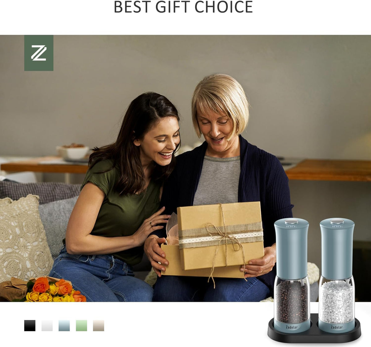 Salt and Pepper Grinder Set with LED Power Display,Larger Capacity Salt and Pepper Shakers Set Electric Rechargeable with Flexible Coarsenes,LED Light,One Hand Operation for Kitchen(Blue)