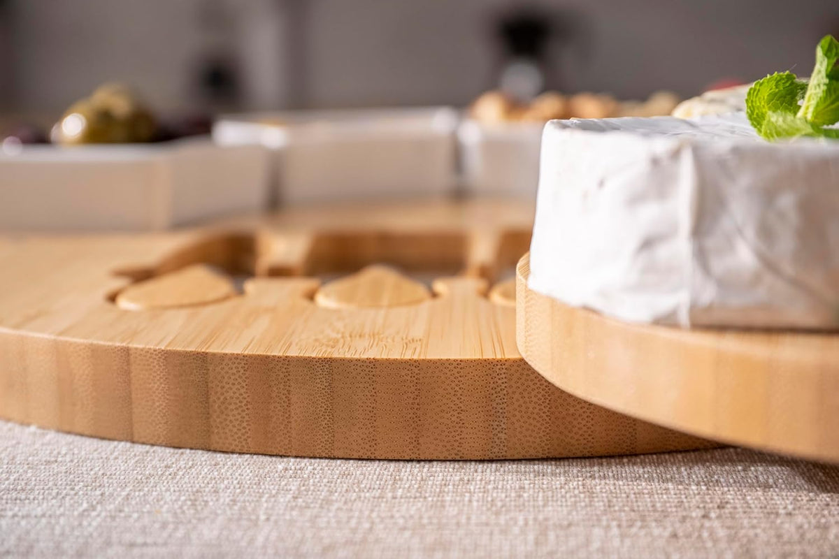 Charcuterie Cheese Board and Platter Set - Made from Bamboo Wood - US Patented 13 inch Cheese Cutting Board and Knife for Entertaining and Serving - 4 Knives - 4 Bowls