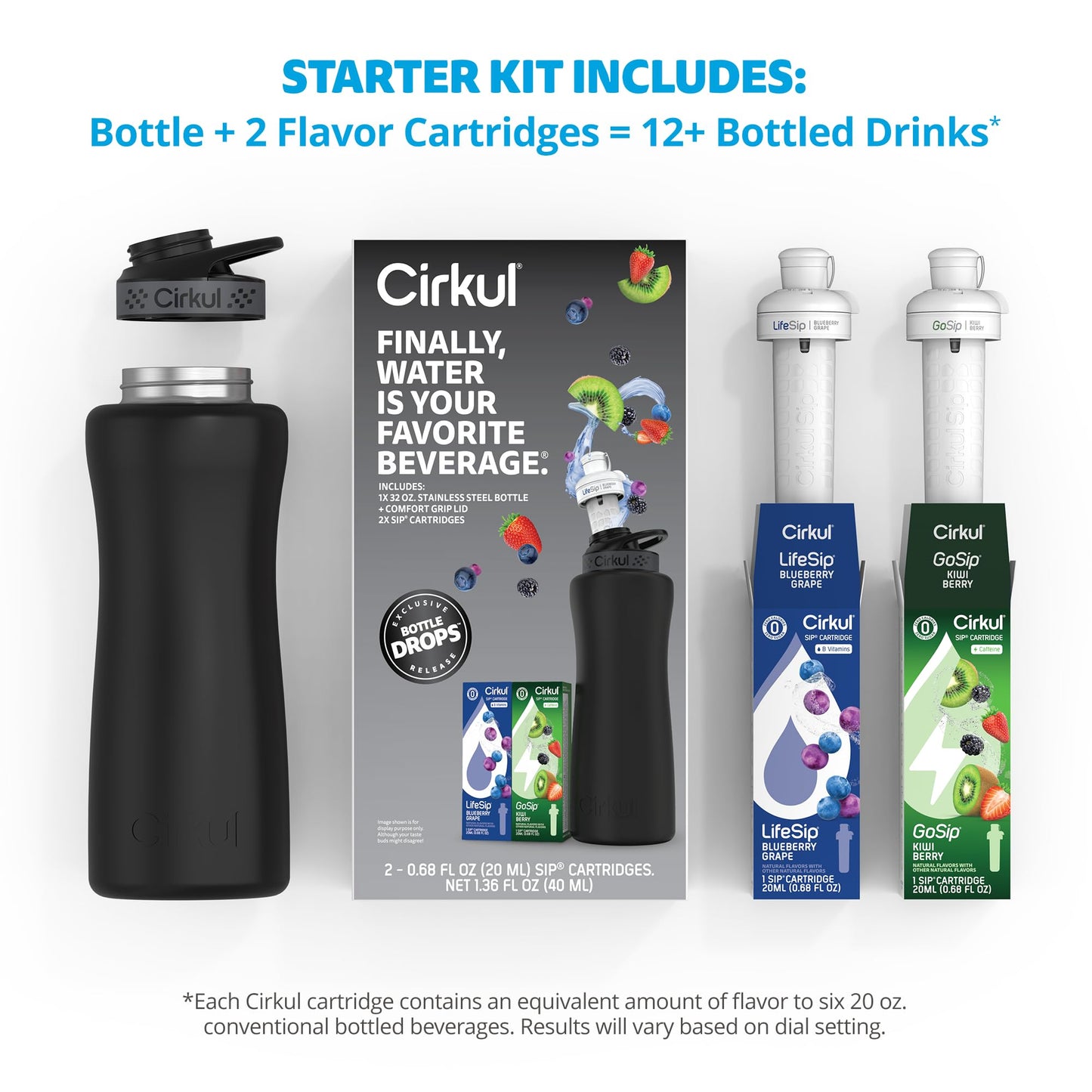 Cirkul 32oz Black Metal Bottle with Two No Sugar, 0 Cal Flavored Water Sips