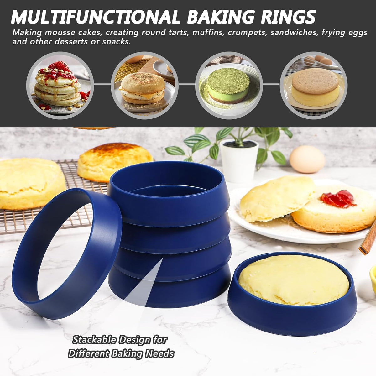 KOLUTI 4 Inch Round English Muffin Rings, 6Pcs Nonstick Silicone Cooking Crumpet Pancake Pastry Cookie Baking Mold, Durable Circle Egg Patty Omelette Cooker Ring for Frying, BPA Free, Blue