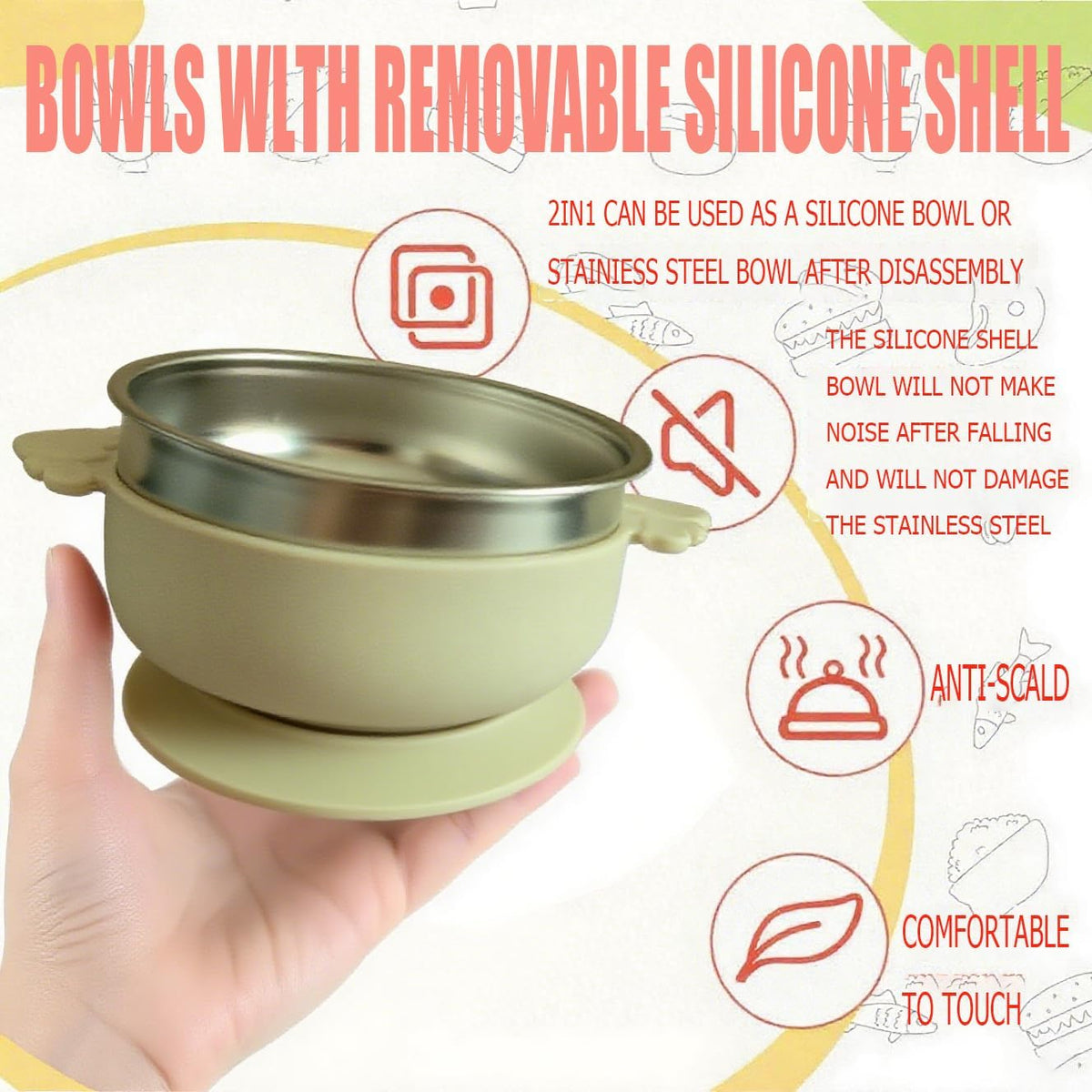 6 Pack Stainless Steel Bowls,suction two-in-one, BPA-free detachable silicone sleeve, anti-slip, heat-resistant, unbreakable, dishwasher safe, suitable for fruits, vegetables and rice