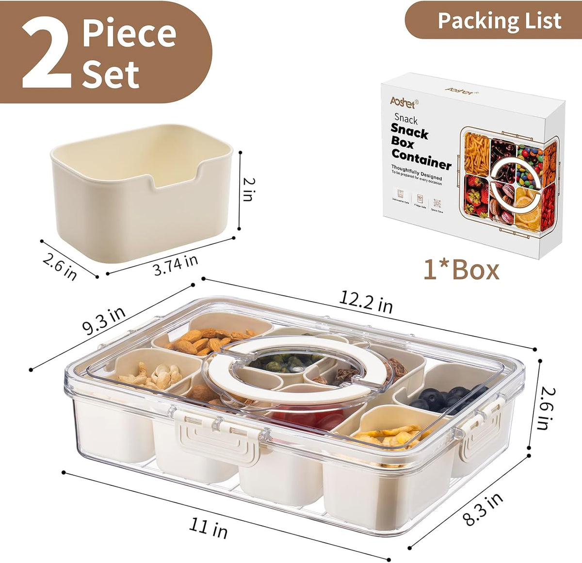 Snack Box Container, Dishwasher Safe Fruit Storage Containers, Divided Serving Tray with Lid for Veggie, Candy and Nuts, Snackle Charcuterie Boxes for Kids, Adults Travel, Party and Picnic (2 Pack)