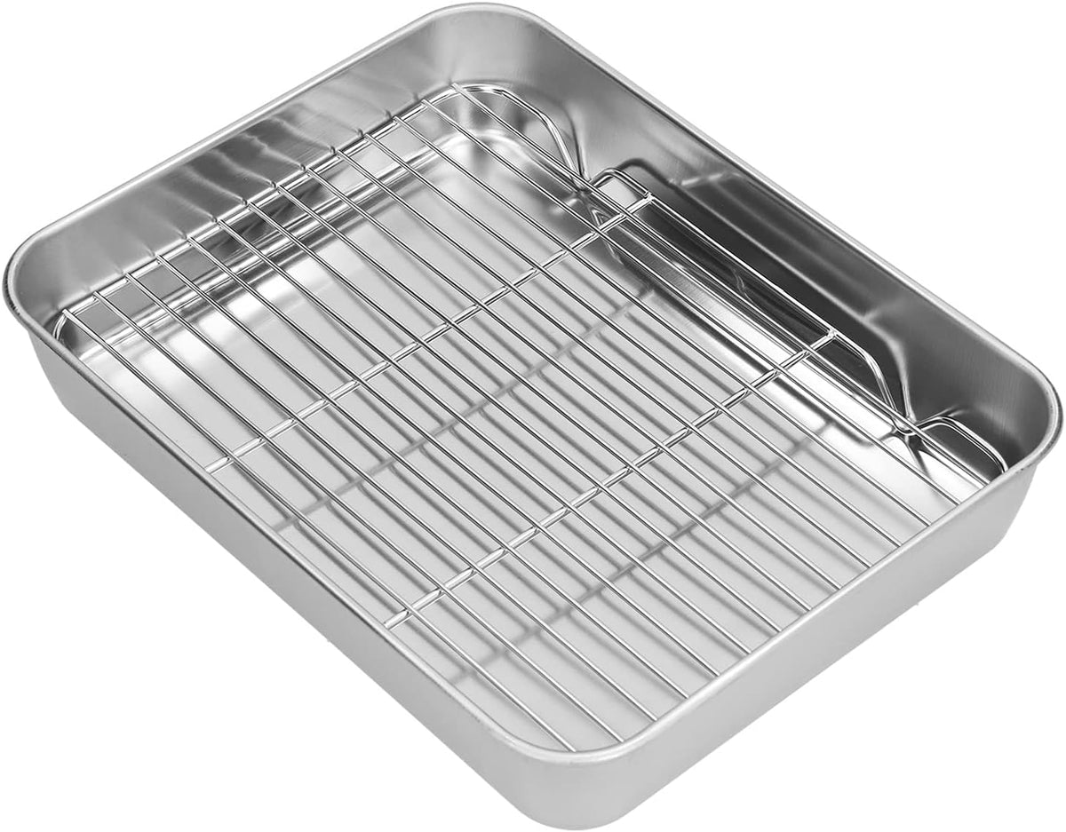 Roasting Pan and Rack Set, Stainless Steel Roasting Pan, Rectangular Roaster, Nonstick Steel Roaster for Cooking and Baking (9.3 × 6.9 × 2in)