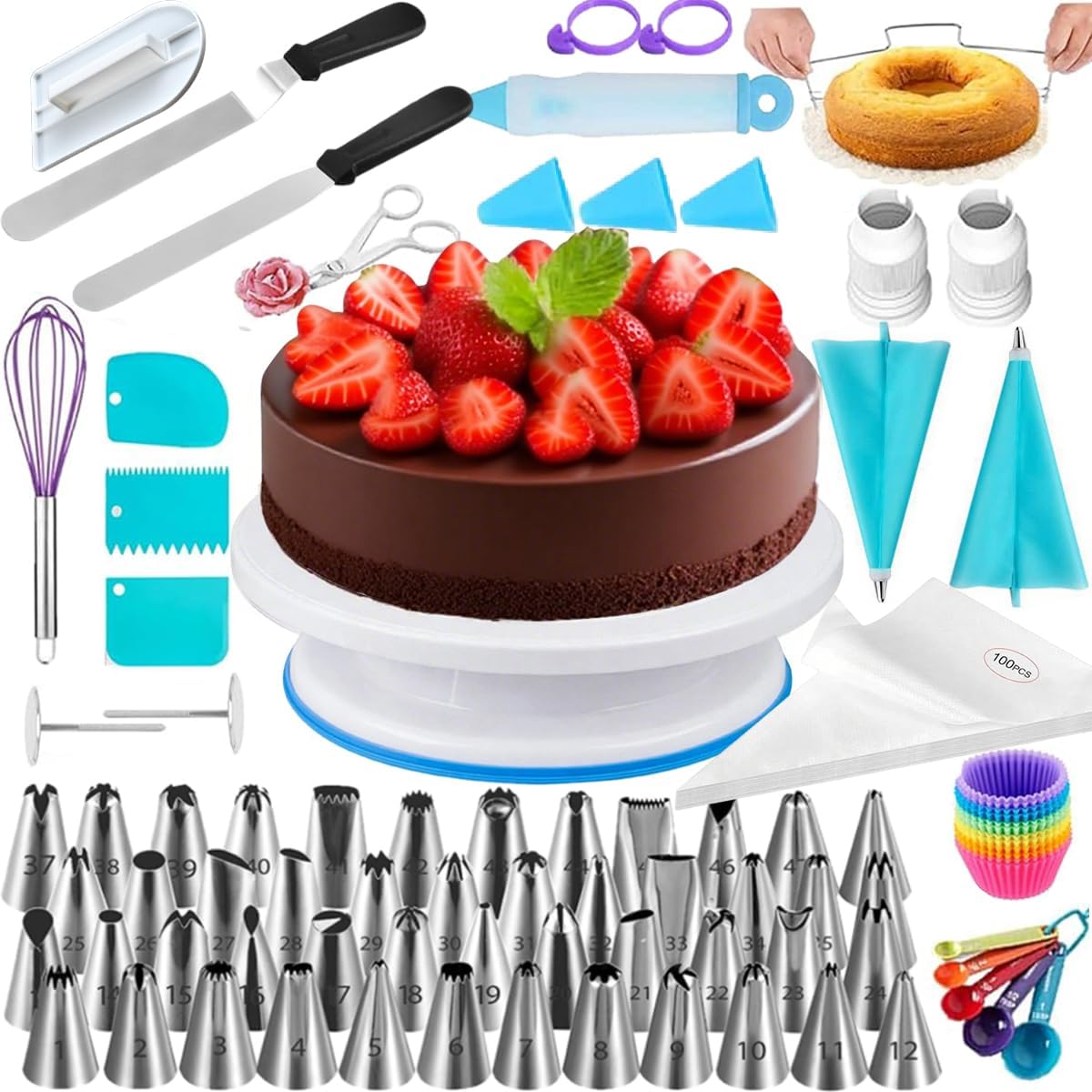 Cake Decorating Supplies Kit - Cake Turntable Set with 48 Icing Piping Tips, 20 Disposable Pastry Bags, 2 Couplers, Baking Tools for Beginners