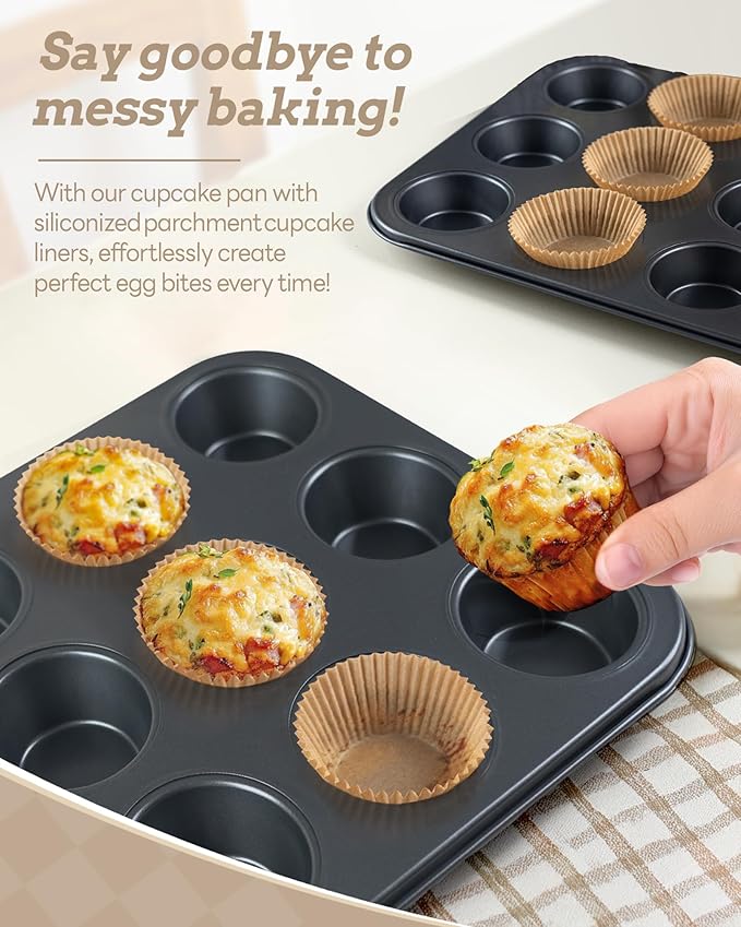 Bake Choice 2 Pack Muffin Pan for Baking, Standard Cupcake Pan includes 100 Natural Cupcake Liners, Muffin Tin Nonstick 12 Cup, Baking Pans Set, Carbon Steel Baking Supplies