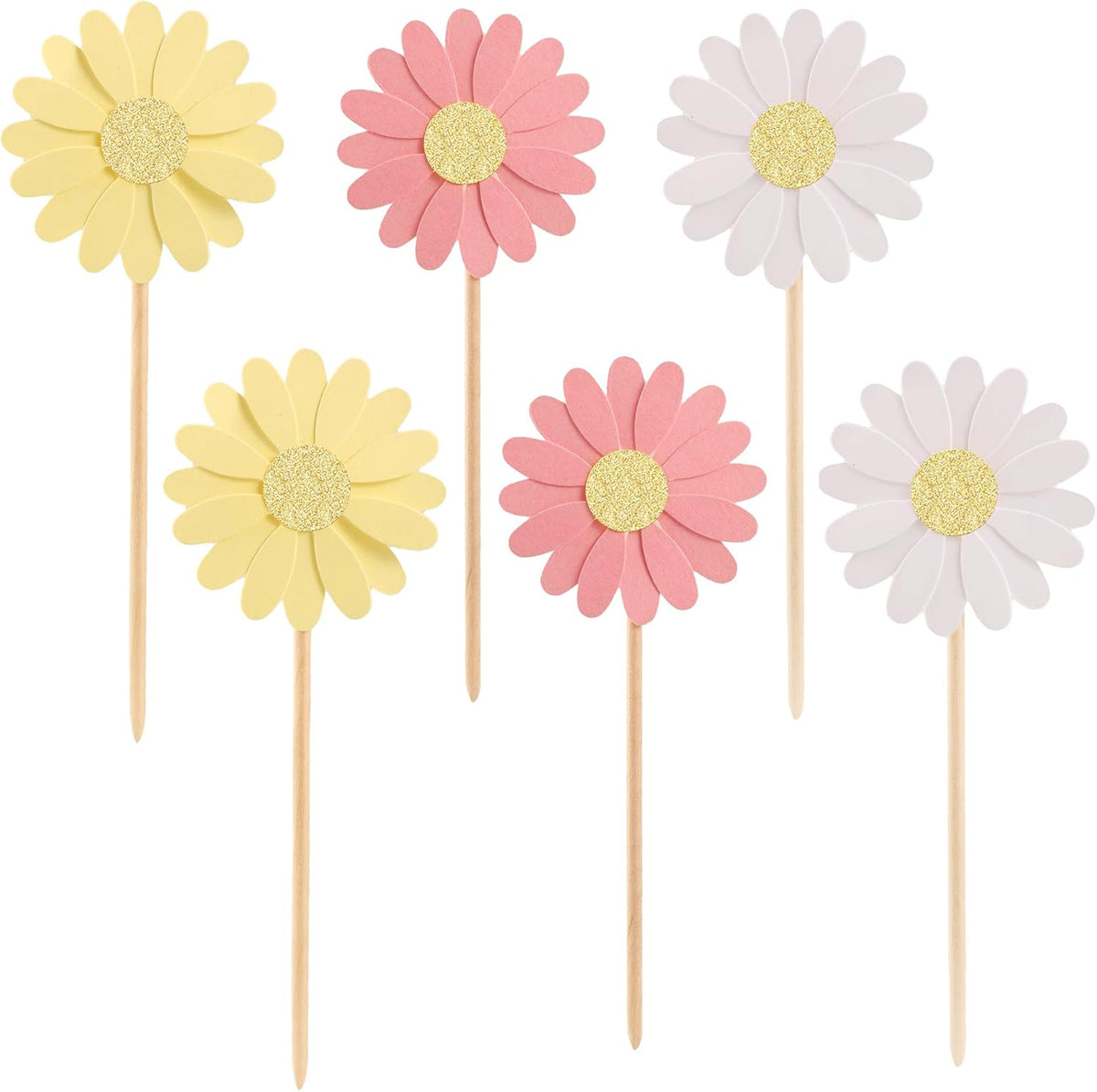 24Pcs Daisy Cupcake Toppers Glitter Flower Daisy Cake Decorations Chrysanthemum Cupcake Toppers Spring Daisy Flower Cake Picks for Birthday Wedding Supplies Multi 2