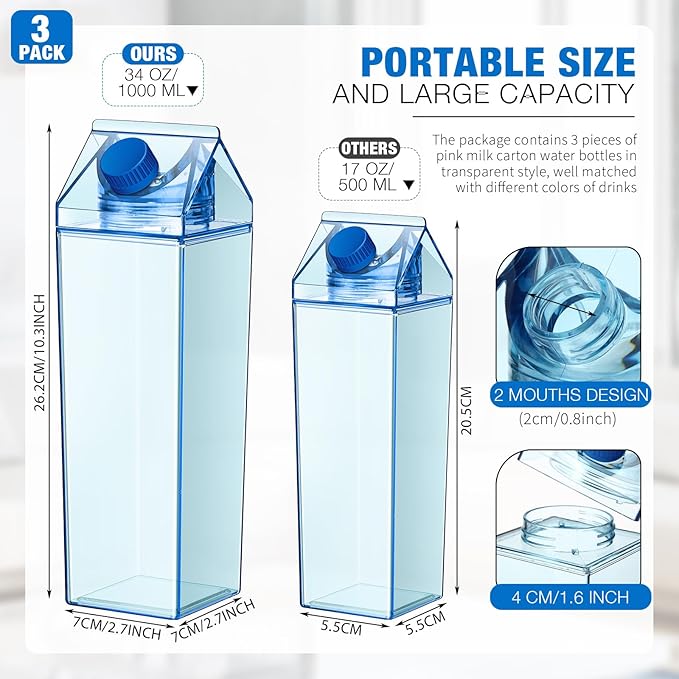 Remerry 3 Pcs Milk Carton Water Bottle Square Plastic Coffee Portable Reusable Milk Carton Cup Leakproof Juice Bottle