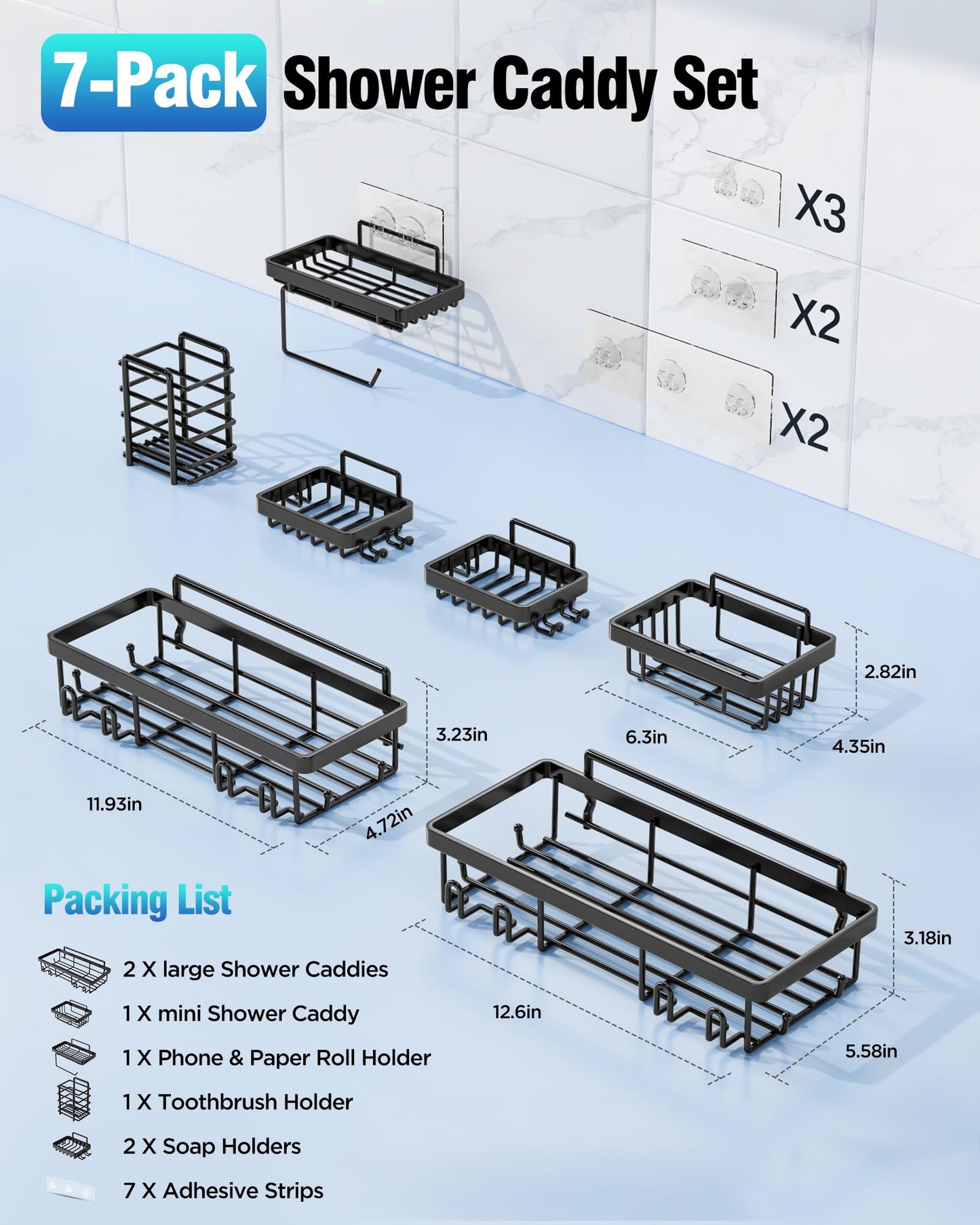 Yorshvil Shower Caddy 7 Pack, Adhesive Bathroom Shower Organizer for Bathroom Storage, No Drilling Large Capacity Rustproof Stainless Steel Shower Shelves Rack for Bath, Black