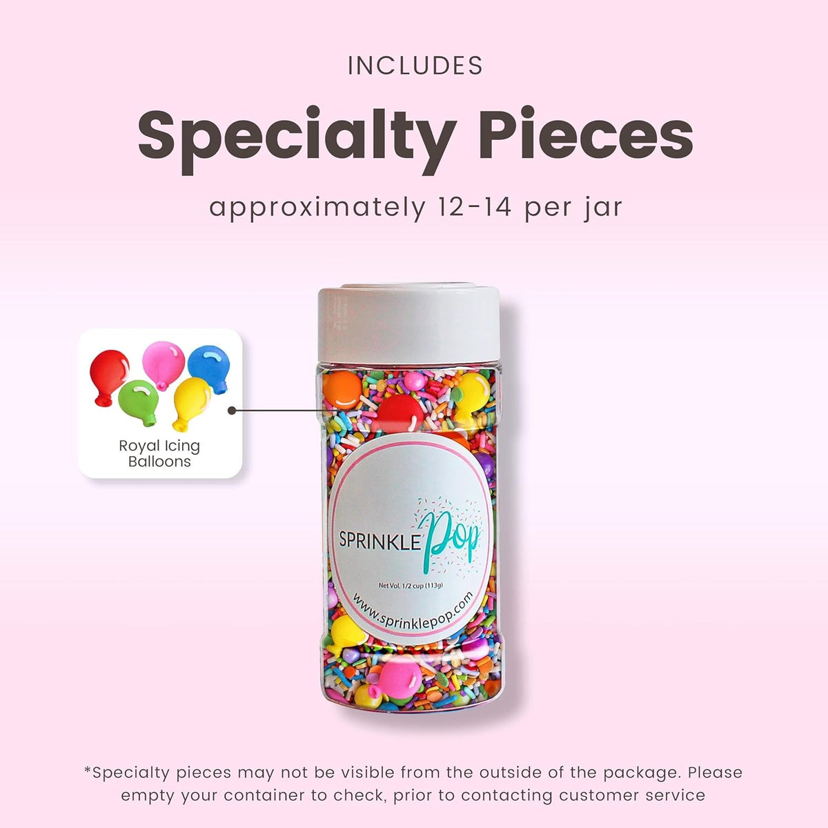 Sprinkle Pop Rainbow Birthday Sprinkle Mix| Red Orange Yellow Iridescent Rainbow Sprinkles with ~12 Royal Icing Balloons| Decorating Sprinkles Made in USA for Girl Boy Cakes Cupcakes Cookie Donut, 4oz