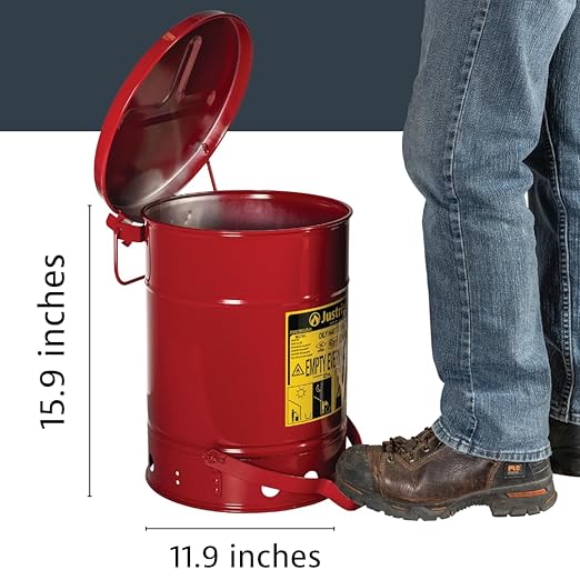Justrite 6 Gallon Galvanized Steel Oily Waste Can, 16" x 12" Metal Oil Rag Safety Can With Foot Operated Self-Closing Lid for Oil Rag Disposal, Made in the USA, Red, 09100
