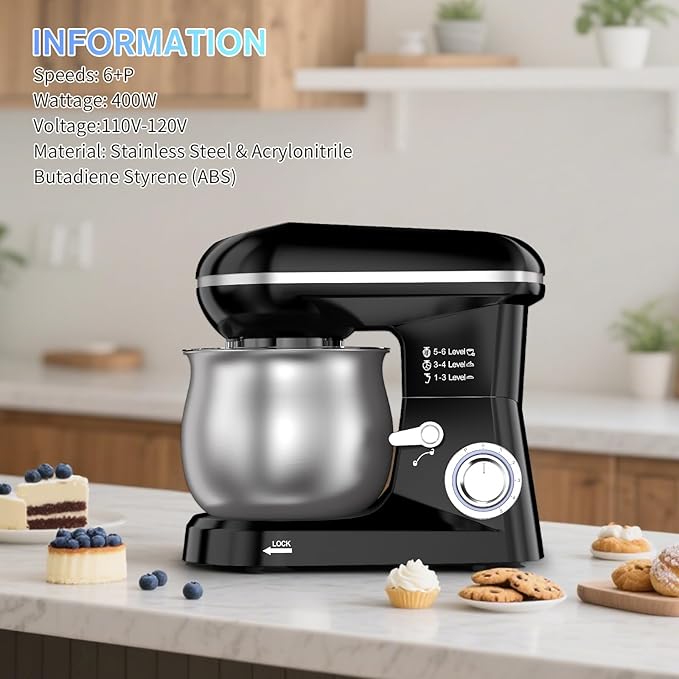 Electric Stand Mixer with 5.3 Quart，Cake Mixer with Stainless Steel Bowl and Stand, Kitchen Mixer Tilt-Head Design – Includes Dough Hook, Whisk & Beater-Great for Baking Bread, Cakes, Cookies