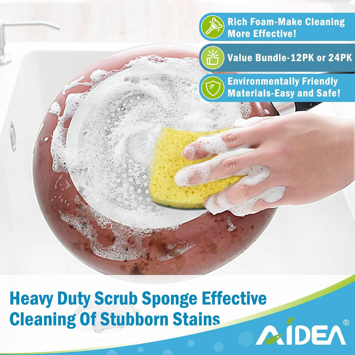 AIDEA Sponges Kitchen, Heavy Duty Scrub Sponge-24Count, Sponges for Dishes, Cellulose Dish Sponge, Scrubbing Power for Tough Messes, Cleaning Power for Non-Coated Cookware, Dishes, Pots, Pans