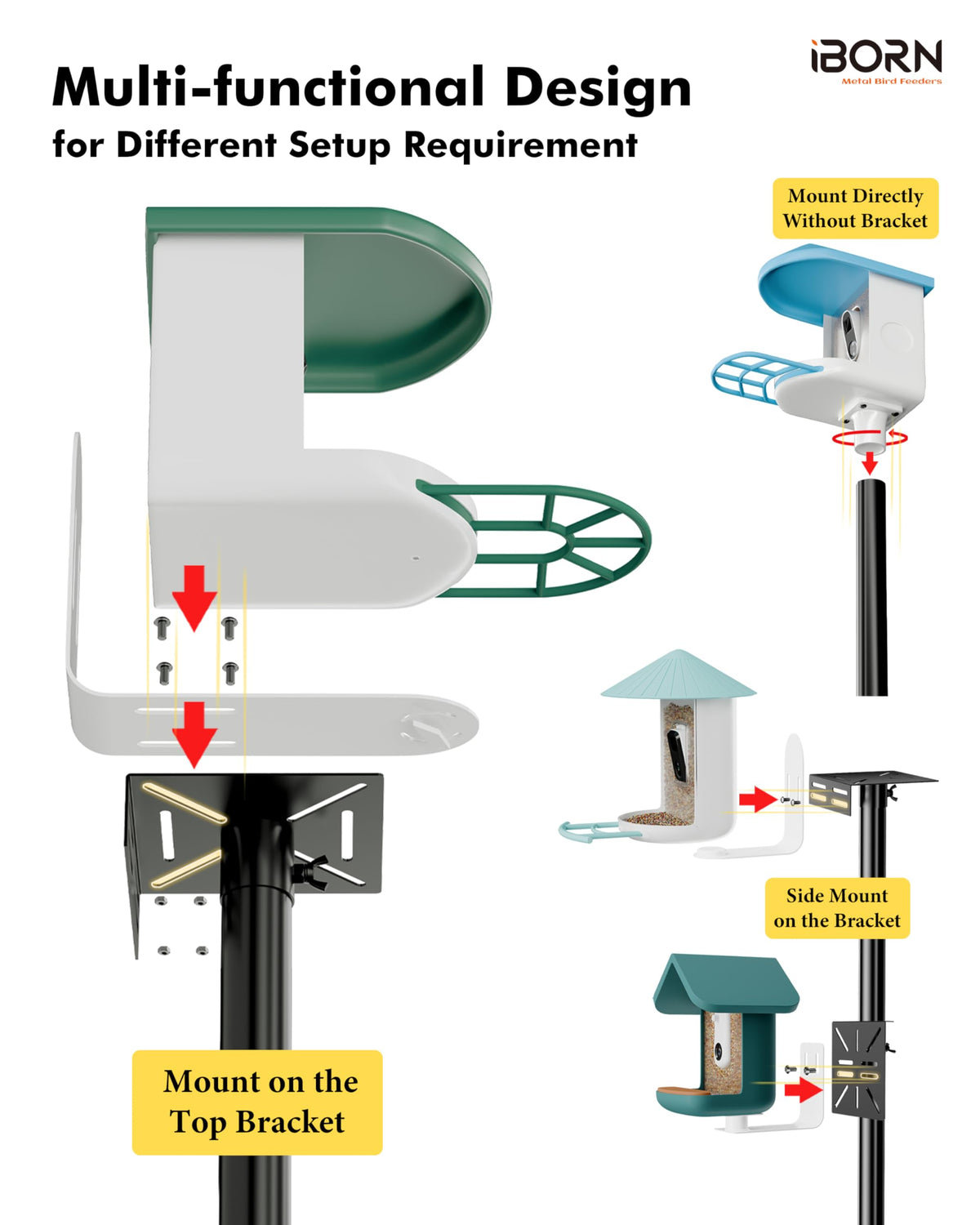 iBorn Bird Feeder Pole for Deck C-Clamp On Railing Mount Camera Bird Feeder Pole 3in1 Compatible Deck Mount Poles for Outdoors Adjustable Bird House Bracket Mount Kit Universal for Smart Feeder