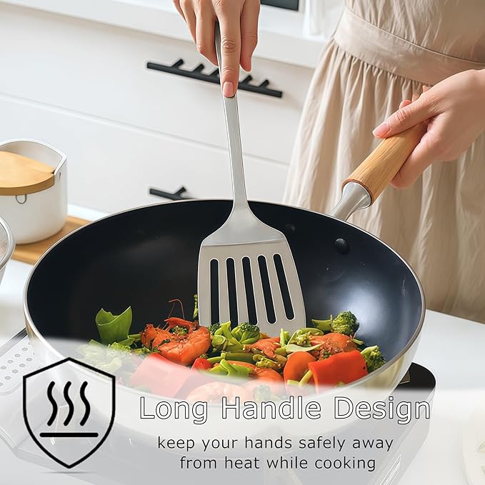 4pcs Cooking Utensils Set - Stainless Steel Kitchen Utensils, Heavy Duty Metal Kitchen Tools with Stainless Steel Spatula Solid & Slotted Turner, Ladle, Skimmer, Dishwasher Safe Easy to Clean