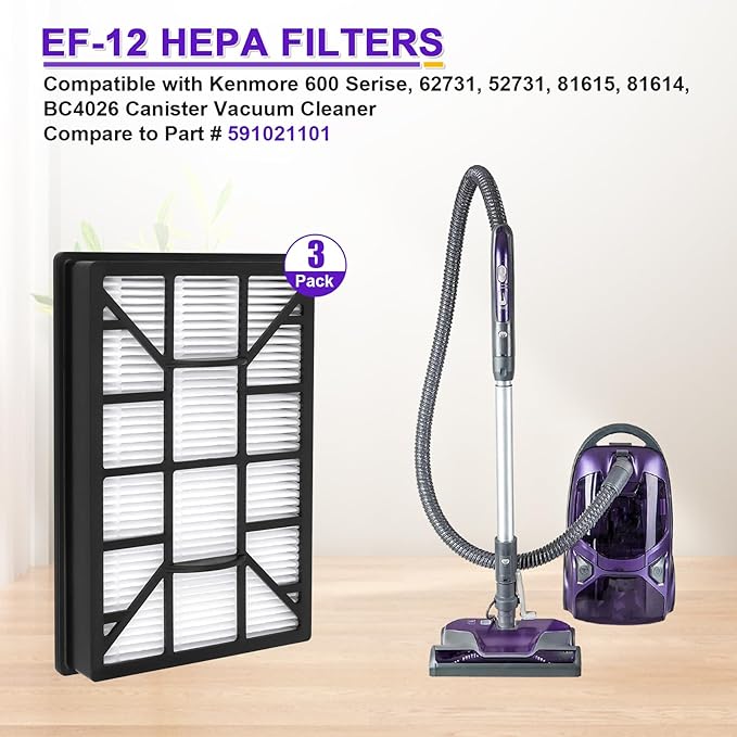 3 Pack EF-12 HEPA Filter Replacement for Kenmore 62731, 52731, 81615, 81614, BC4026 Canister Vacuum Cleaner, 600 Series Exhaust Filter for Kenmore canister vacuum filter, Compare To Part# 591021101