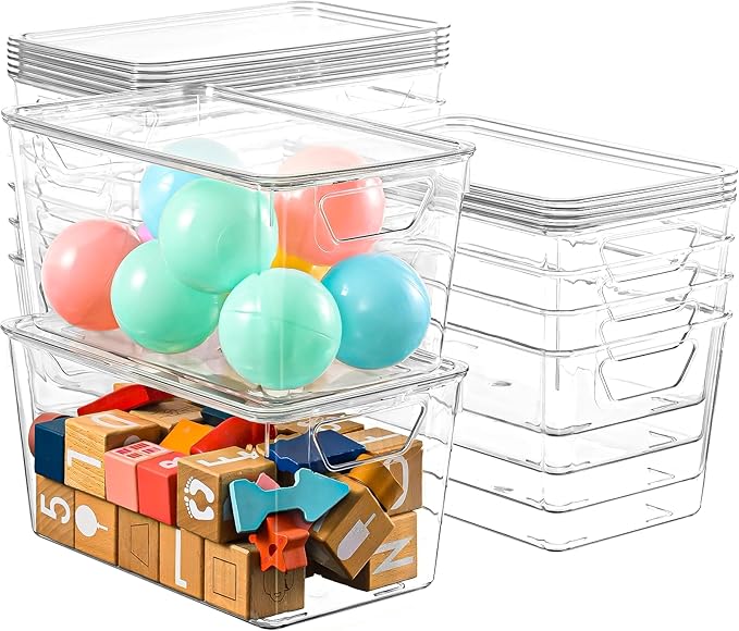 12 Pack Middle Stackable Storage Boxes for Storage and Organization, Clear Storage Bins with Lids, Plastic Storage Containers with Lids, Plastic Bins with Handles for Office, Bedroom, Study Room