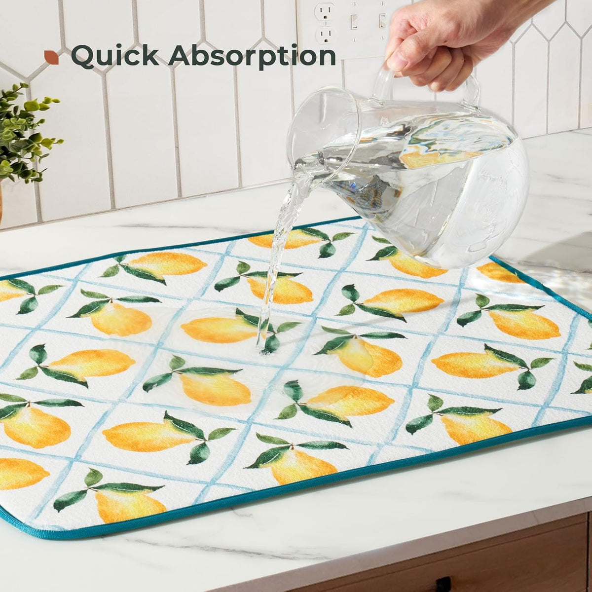 FRESHMINT Printed Dish Drying Mat for Kitchen Counter 2 Pack Absorbent Reversible Drying Mats Microfiber Kitchen Drying Mat, Extra Large Dishes Drainer Mats (18"x16", Lemon)