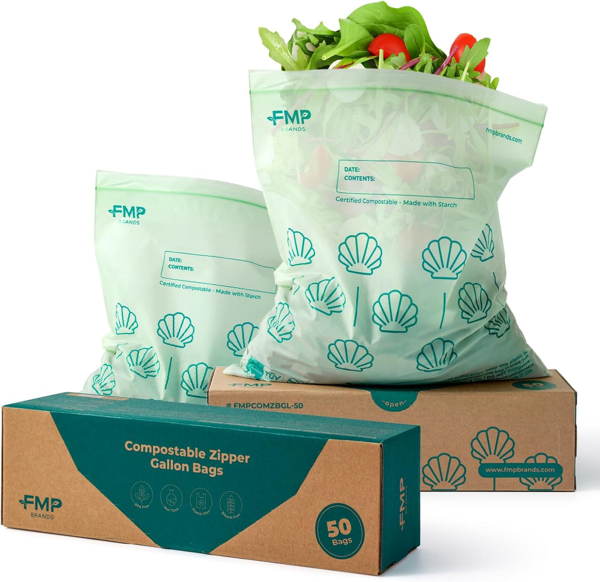 Fit Meal Prep 50 Pack 100% Compostable Food Storage Bags, 1 Gallon Freezer Bags, 10.6 x 11.5" Resealable Bag for Vegetables, Meat, Fruits, ASTM D6400, US BPI & EU OK Compost Certified