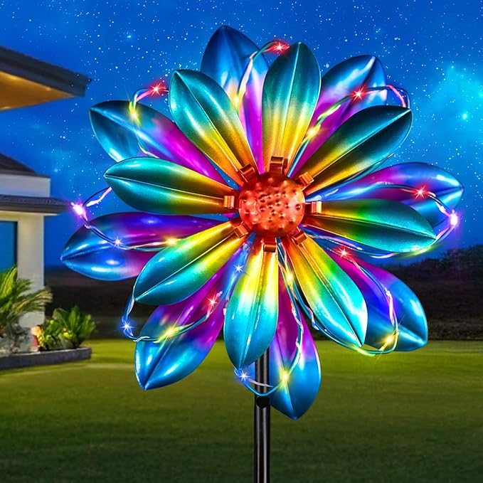 Flower Solar Wind Spinners- Metal Colorful Spinning Windmill Garden Ligths with LED Outdoor Decorative Stake Lighting Waterproof Flower Sculpture for Patio Yard