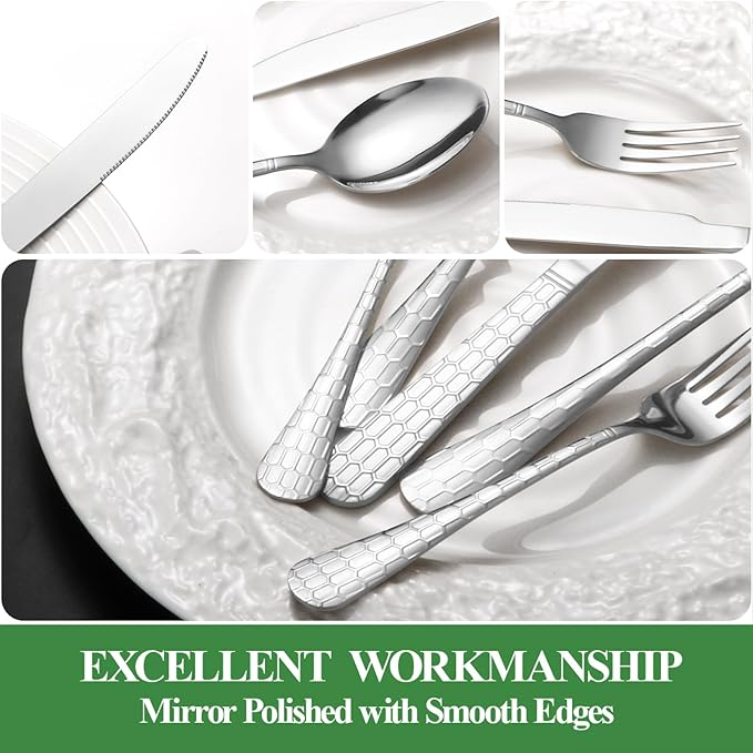 40 Pcs Silverware Set for 8 with Water Cube Handle design, Food Grade Stainless Steel Flatware Set, Eating Utensils Sets Include Fork/Knife/Spoon, Reusable Cutlery Set, Dishwasher Safe