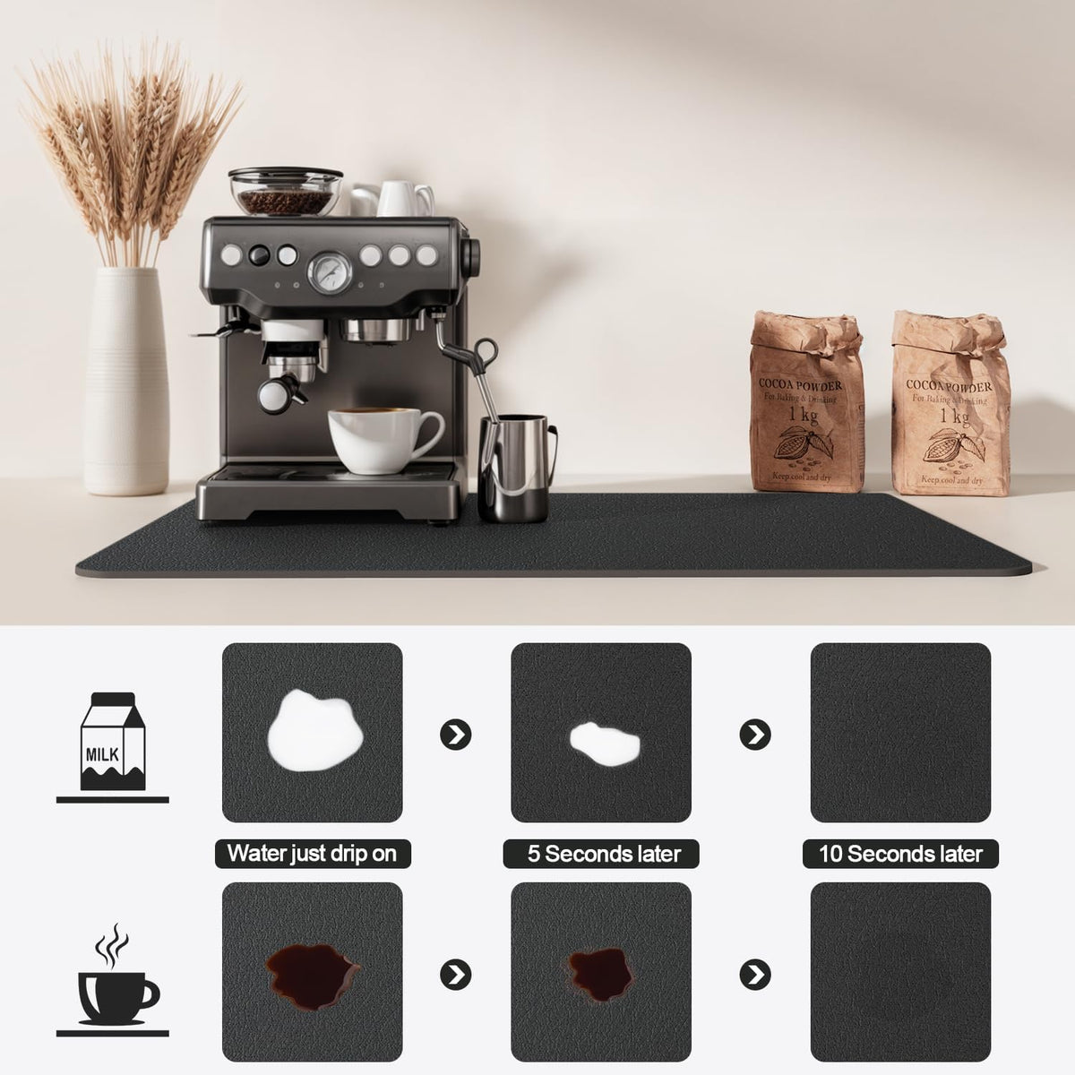 Dish Drying Mat for Kitchen Counter | Coffee Bar Mat for Countertops | Heat Resistant Drainer Mat with Non-slip Rubber Backed | Hide Stain Kitchen Absorbent Draining Mat | Black 18"x28"