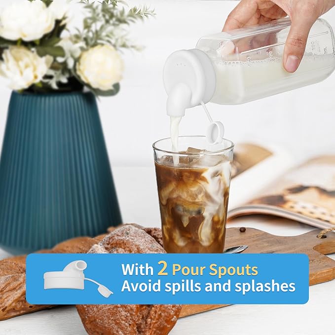 8 Pack 16 Oz Reusable Glass Milk Bottles w 100% Airtight Heavy Duty SCREW Lid & 2 Pour Spouts - Glass Juice Bottles w Capacity Mark - Beverage Drinking Jar Juice Container Breast Milk(Extra 2 Lids)