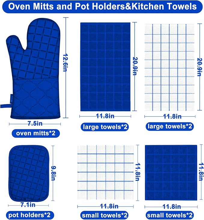 Oven Mitts Pot Holders Sets/Kitchen Towels and Dishcloths, Oven Gloves Kitchen Dish Towels 500 Degree Heat Resistant Potholders with Non-Slip Silicone Surface for Cooking, Grilling, Baking-Royal Blue