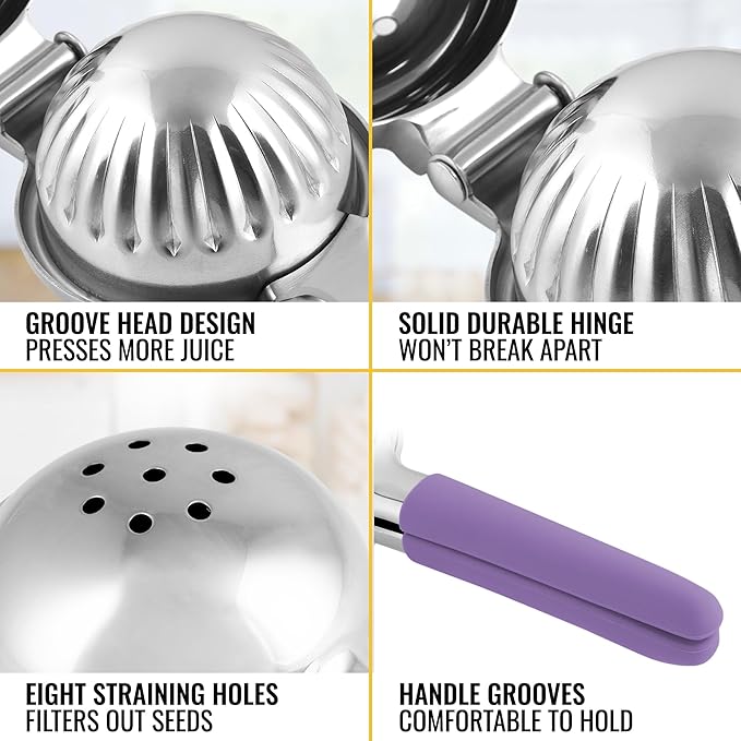 Zulay Kitchen Lemon Squeezer Stainless Steel with Premium Heavy Duty Solid Metal Squeezer Bowl and Food Grade Silicone Handles - Large Manual Citrus Press Juicer and SS Lime Squeezer (Purple)