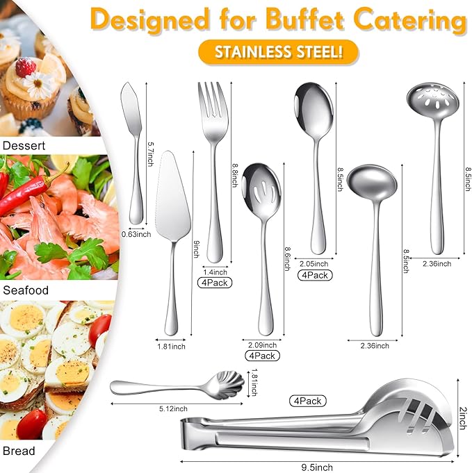 Patelai Serving Utensils Set Include Stainless Steel Large Spoons Slotted Spoons Forks Tongs Soup Ladle and Pie Server for Parties Buffet Catering, Dishwasher Safe(Silver,21 Pieces)