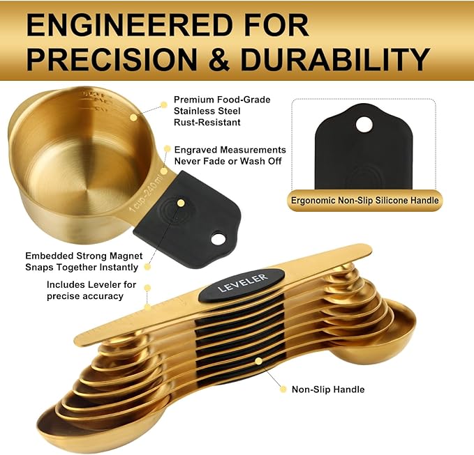 Gold Magnetic Measuring Cups & Spoons Set of 16, 7 Stainless Steel Measuring Cups, 8 Double-Sided Measuring Spoons & 1 Leveler, Premium Finish Baking Tools Kitchen Gadget for Dry & Liquid Ingredients