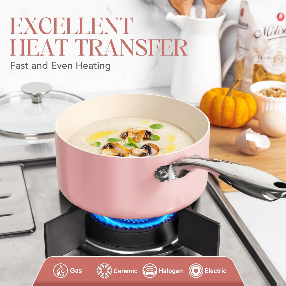 MICHELANGELO 3 Quart Saucepan with Lid - Non Toxic Sauce Pan with Nonstick Ceramic Coating, Scratch-Resistant, Induction Saucepan Suitable for All Stovetops, Pink