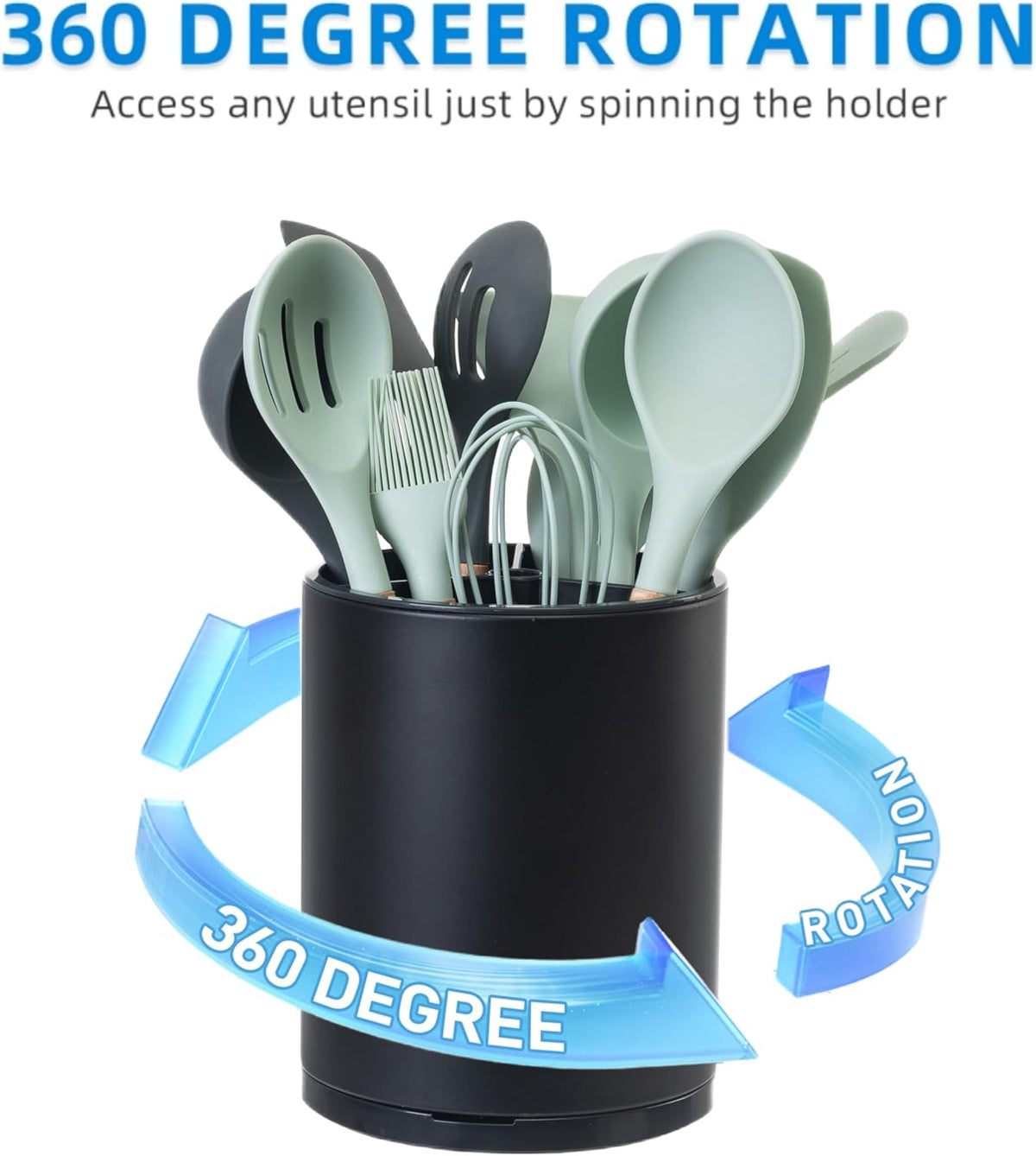 Kitchen Utensil Holder Extra Large 360°Rotating For Counter Organizer Stainless Steel Storage Cooking Silverware Caddy 3 Compartment Flatware Spoon Spatula Tool Cutlery Container(Black)