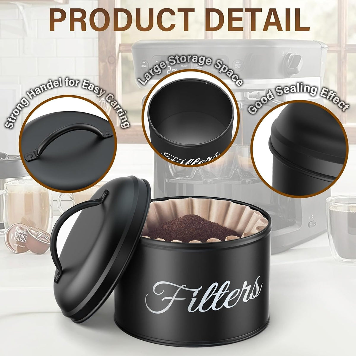 Coffee Filter Holder for Counter, Large Basket Coffee Filter Storage with Lid, Round Container for Bar Accessories Decor (Black)
