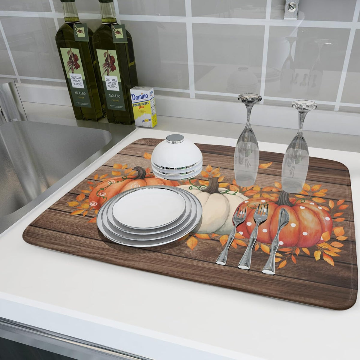Autumn Pumpkin Dish Drying Mat Rustic Wood Dish Drainer Mats Fast Dry Microfiber Reversible Dish Drying Pad Kitchen Decoration 18x24 inch