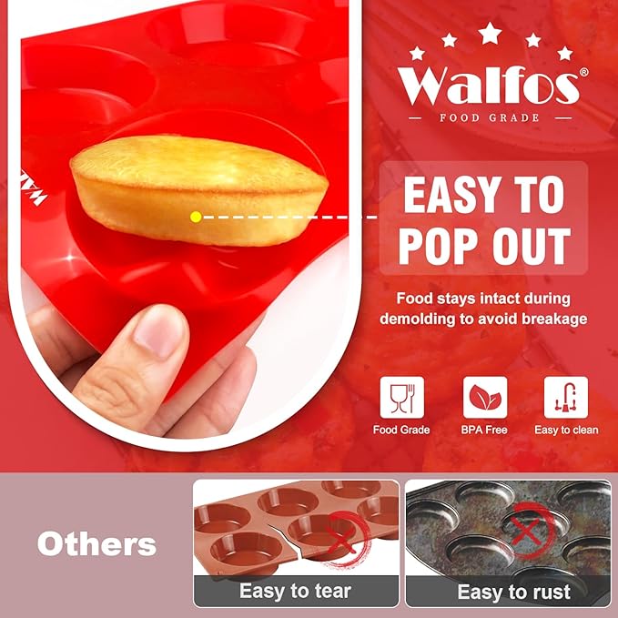 Walfos Silicone Whoopie Pie Baking Pans, Non-Stick Muffin Top Pan Set of 4. Food Grade and BPA Free Silicone,Perfect for Muffin, Eggs, Tarts and More, Dishwasher Safe