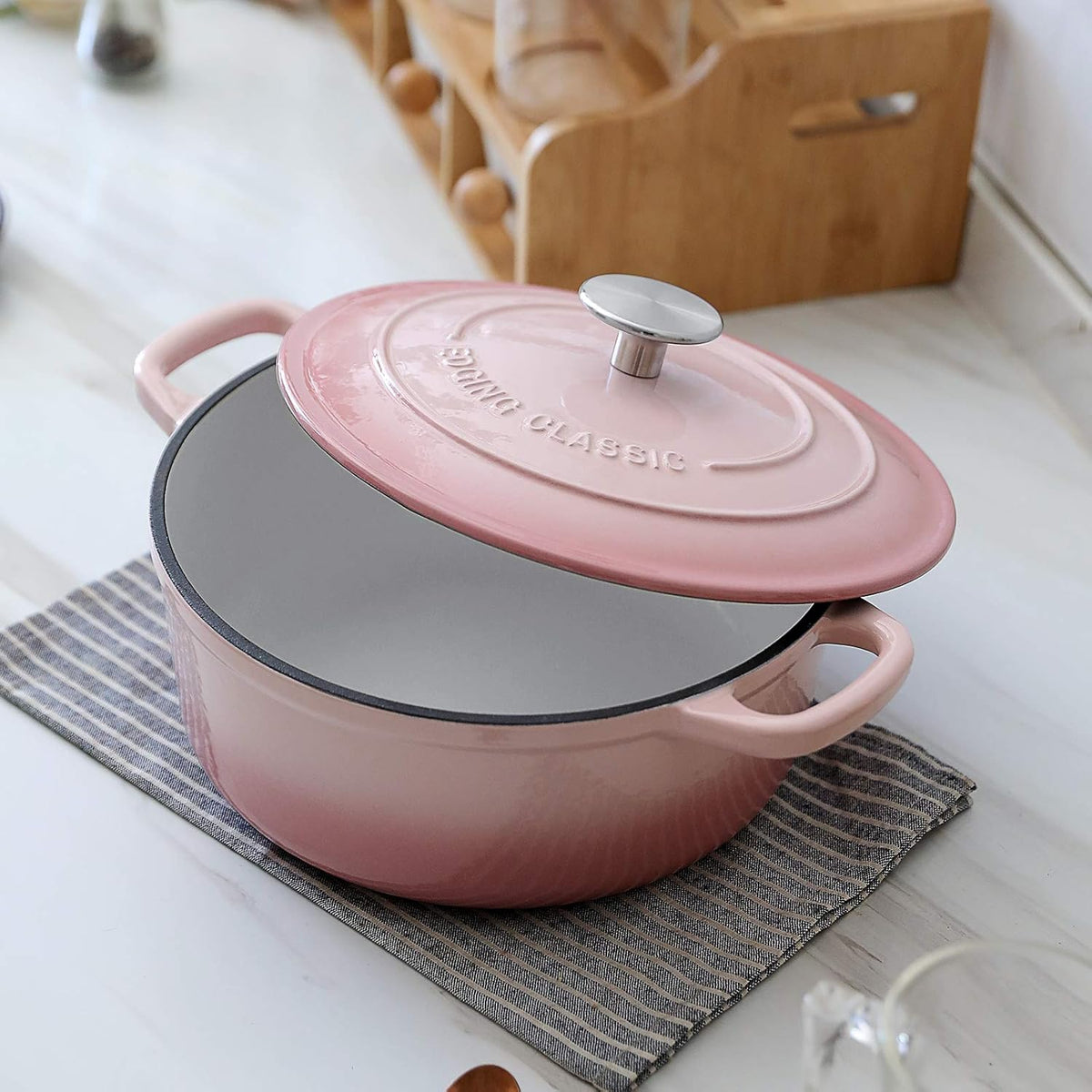 Enameled Cast Iron Covered Dutch Oven with Lid Round Pot for Bread Baking, 7 Quart, Pink