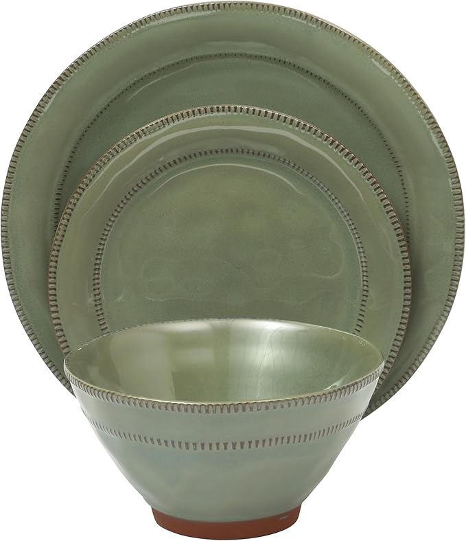 Gibson Elite Terranea 12 Piece Dishes Reactive Glaze Plates and Bowls Terracotta Dinnerware Set - Service for 4 - Green