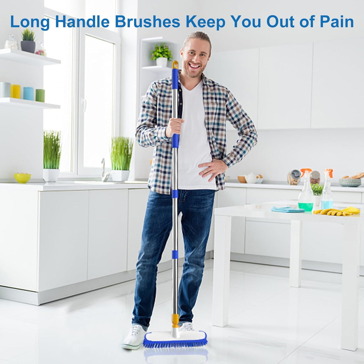 ITTAR 12" Wide Floor Scrub Brush with Long Handle, 2-in-1 Deck Cleaning Brush with 55" Extendable Pole, Heavy-Duty Tub Tile Scrubber Cleaner Brush for Shower Floor, Kitchen, Patio, Garage, Restaurant