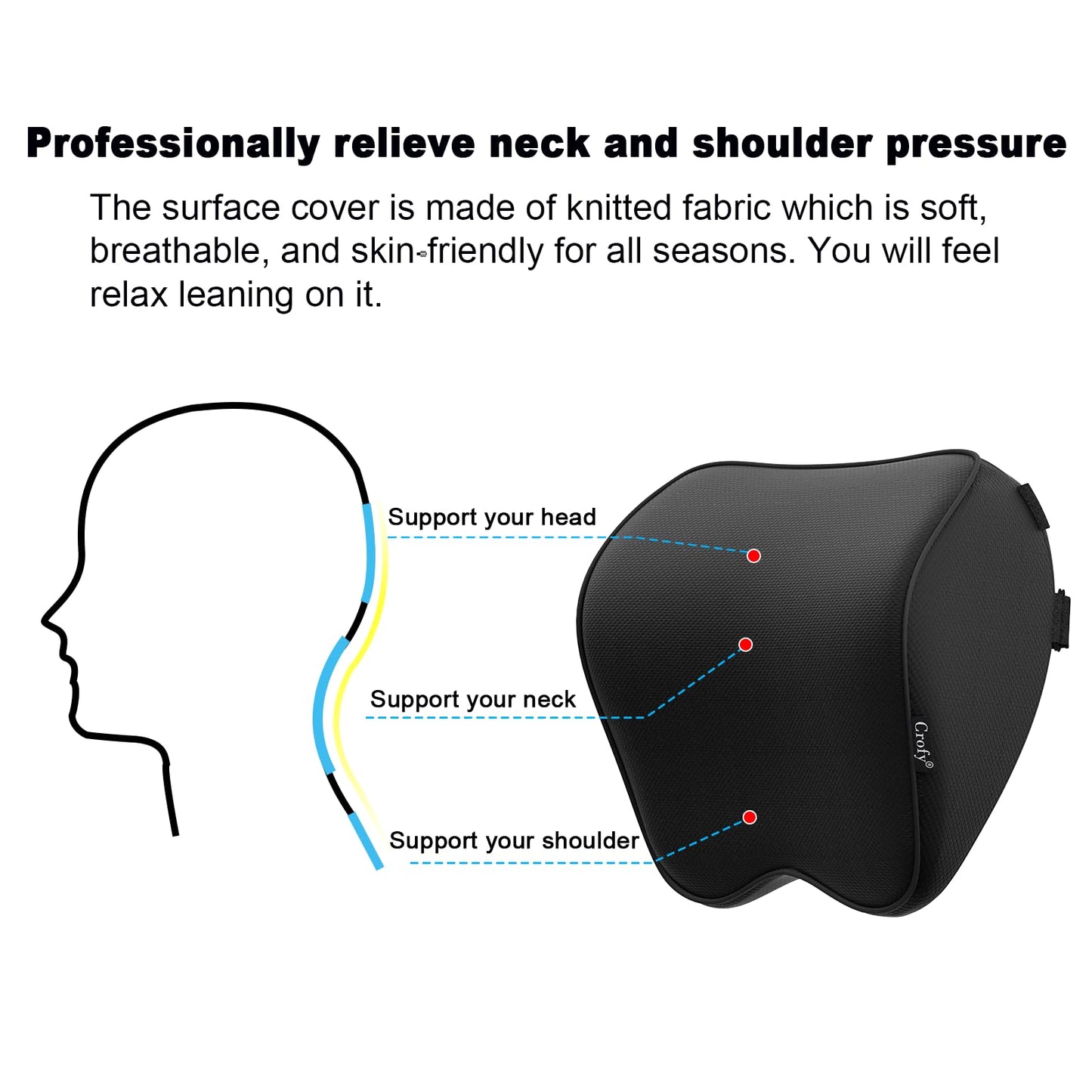 Crofy 2-Pack Car Neck Pillow, Headrest Pillow with Adjustable Strap, Black