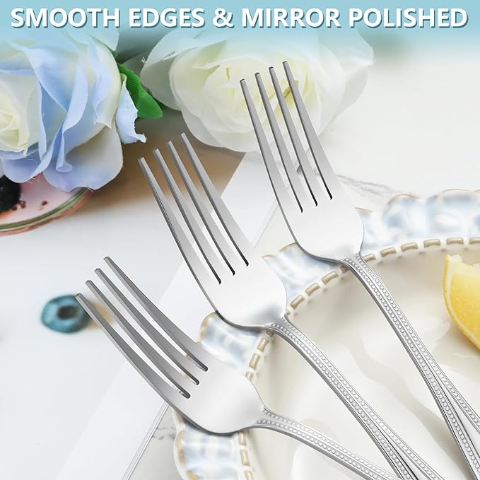 24-Piece Dinner Fork Set, 8-Inch Silverware, Stainless Steel, Elegant Pearl Dot Handle, Dishwasher Safe