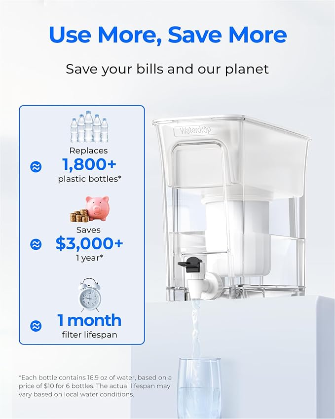 Waterdrop 0 TDS 35-Cup Slim Water Filter Dispenser, Large Capacity, Reduces TDS, Chlorine, PFOA/PFOS and More, BPA Free, White (with 1 Filter)