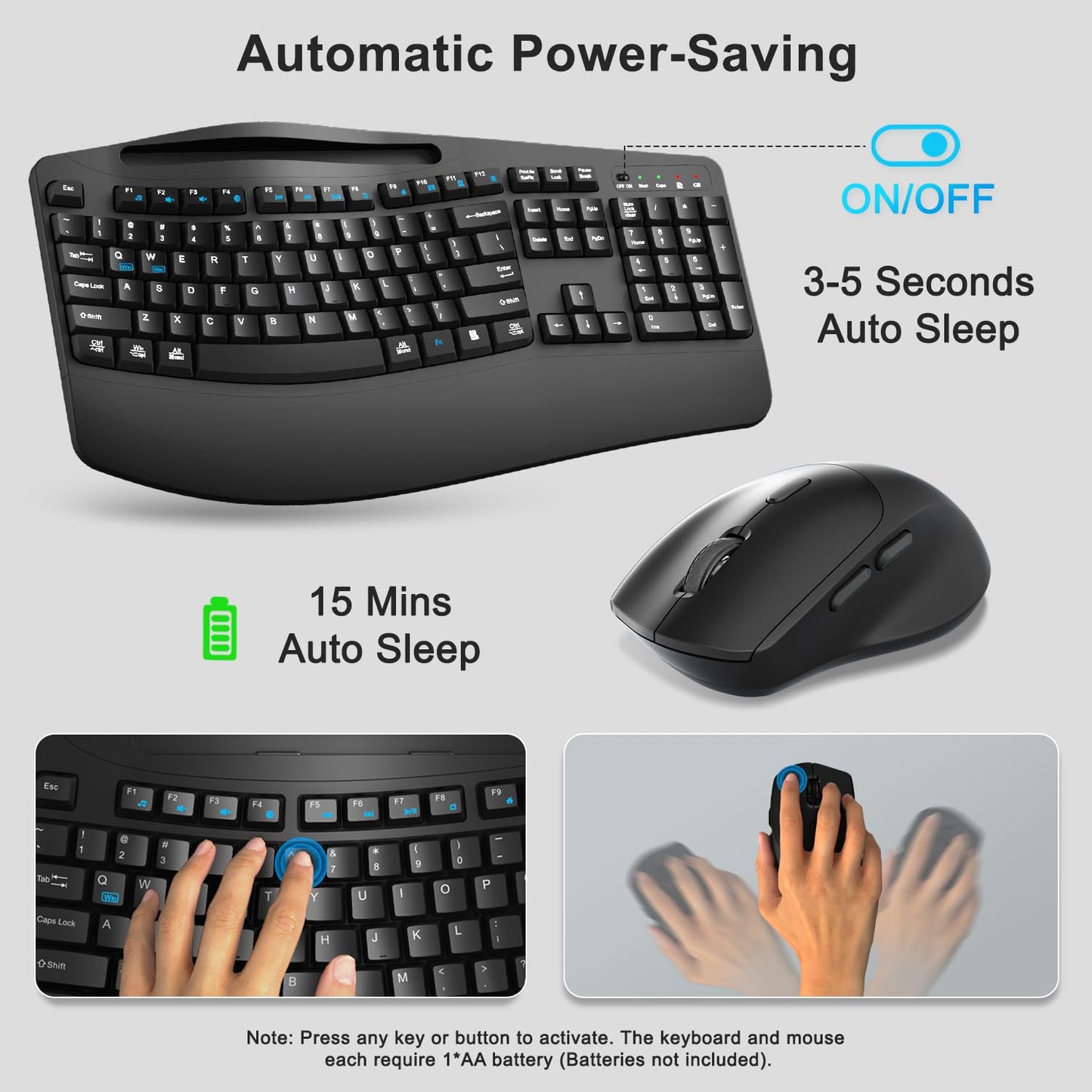 Wireless Keyboard and Mouse Combo, Full Size Ergonomic Wave Keys(Black)