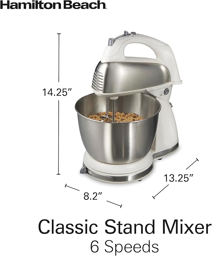 Hamilton Beach Classic Stand and Hand Mixer, 4 Quarts, 6 Speeds with QuickBurst, Bowl Rest, 290 Watts Peak Power, White (64655)