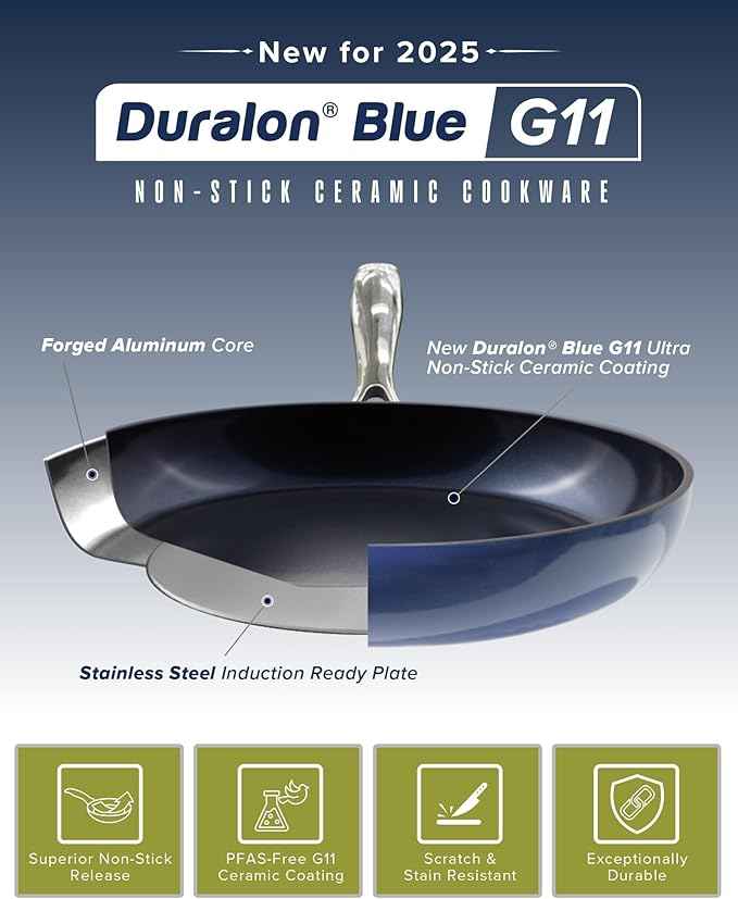 Nuwave Healthy G11-Pots and Pans Set Non Stick, 9H Near-Diamond Hardness Scratch-Resistant, Works on All Stovetops, PFAS Free, with Frying Pans, Saucepans & Glass Lids, Stay-Cool Handles, Deep Blue