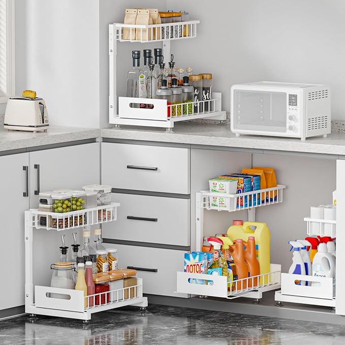 L-Shaped Under Sink Organizer, 2 Pack 2-Tier Pull Out Metal Kitchen Cabinet Organizer with Sliding Storage Drawer, Height Adjustable Heavy Duty Under Bathroom Sink Storage for Cleaning Supplies