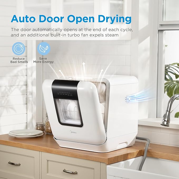 Midea MDC17P2DWW Countertop Dishwasher Portable with 6L(1.59G) Built-in Water Tank, 5+2 Programs, Auto Door Open, Dual Drying System, Energy-Saving and Odor Removal, for Apartments, Dorms& RVs, White